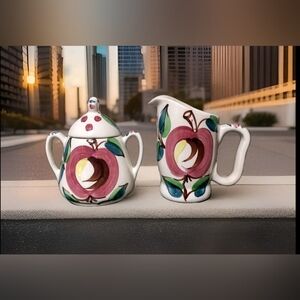 Vintage Puritan Slip Ware Pottery Apple Sugar & Creamer Set